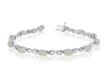 10K White Gold Oval Opal Stones And Diamonds Tennis Bracelet, 7  Fashion