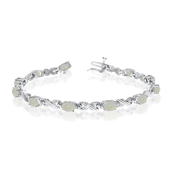 10K White Gold Oval Opal Stones And Diamonds Tennis Bracelet, 7  Fashion