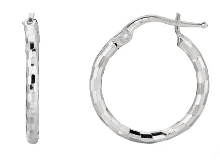 Sterling Silver With Rhodium Plated Shiny Diamond Cut Finish Round Hoop Earrings Fashion