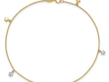 14K Two-tone Solid Gold High Polished Diamond-cut Star Charm Adjustable Anklet.,10  Fashion