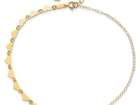 14K Real Yellow Gold Oval Link Chain with Hearts Anklet, 9-10 Inch Adjustable Length Fashion