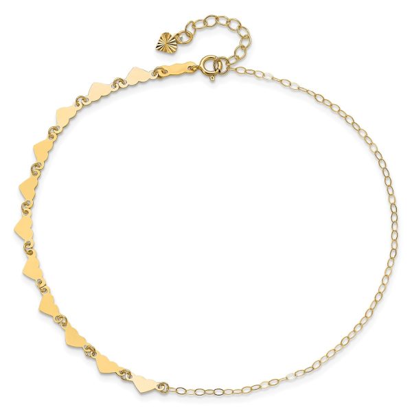 14K Real Yellow Gold Oval Link Chain with Hearts Anklet, 9-10 Inch Adjustable Length Fashion