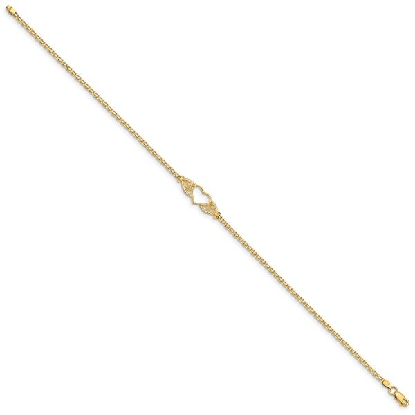 14k Real Yellow Gold High Polished Heart Charm Anklet, 10  on Sale