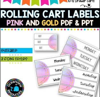 10 Drawer Rolling Cart Labels | PINK AND GOLD DESIGN I Teacher Trolley LABELS For Sale