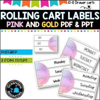 10 Drawer Rolling Cart Labels | PINK AND GOLD DESIGN I Teacher Trolley LABELS For Sale