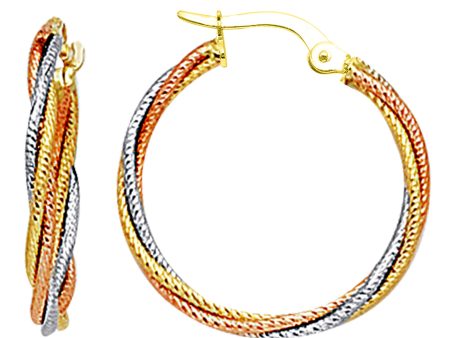 14K 3 Tone Rose Yellow And White Gold Round Braided Tube Hoop Earrings, Diameter 22mm Supply