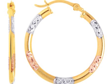 10k Tricolor White Yellow And Rose Gold Diamond Cut Round Hoop Earrings, Diameter 20mm Online now