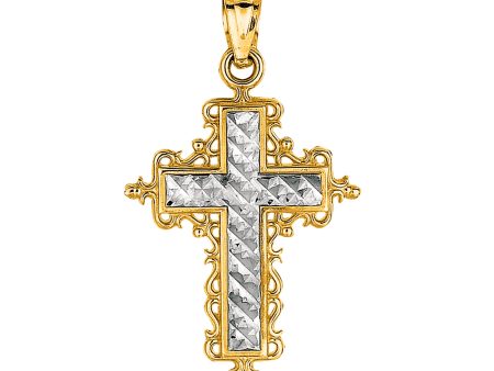 14k 2 Tone Gold Diamond Cut Round Filigree Design Cross Pendant Online