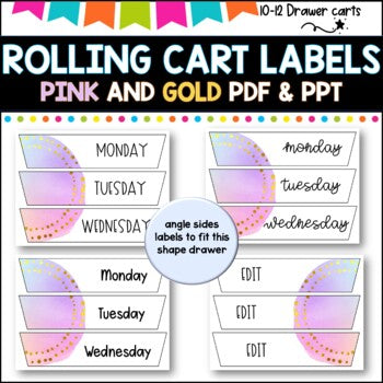 10 Drawer Rolling Cart Labels | PINK AND GOLD DESIGN I Teacher Trolley LABELS For Sale