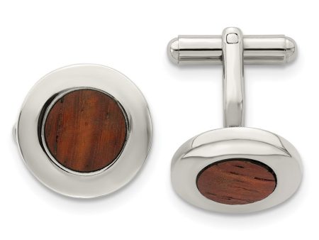 Chisel Stainless Steel Polished Koa Wood Inlay Circle Cufflinks Supply