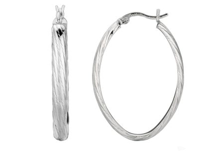 Sterling Silver Rhodium Finish Shiny Textured Finish Oval Hoop Earrings,35mm Hot on Sale