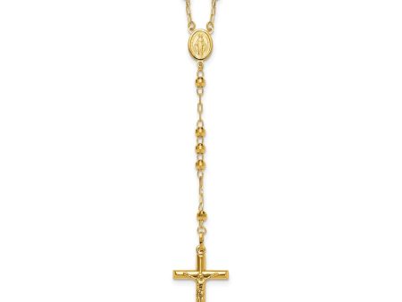 14K Yellow Gold Rosary Necklace, 4mm Beaded Chain, 24 inch Length, Cross Pendant Fashion