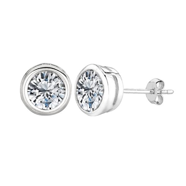 Sterling Silver Rhodium Finish Round Bezel Set Cubic Zirconia Stud Earring For Cheap