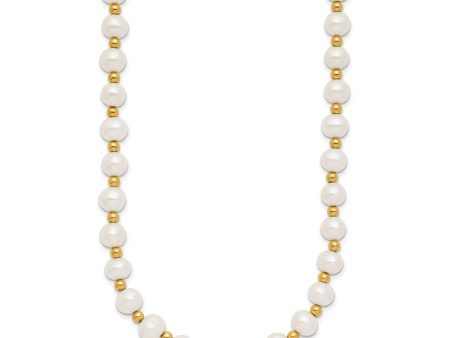 14K Real Yellow Gold 6-7mm White Near Round FW Cultured Pearl Bead Necklace Cheap