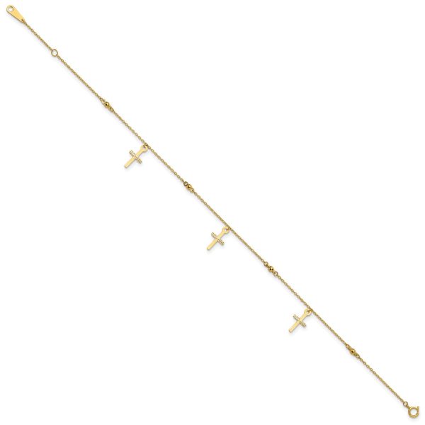 14k Real Yellow Gold High Polished and Diamond-cut Cross Anklet, 9  to 11  Adjustable For Cheap