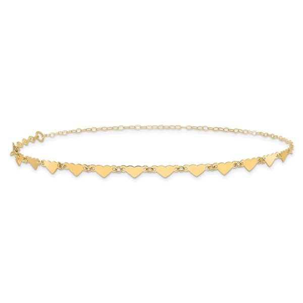 14K Real Yellow Gold Oval Link Chain with Hearts Anklet, 9-10 Inch Adjustable Length Fashion