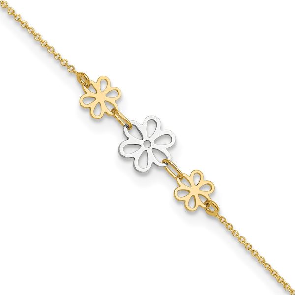 14k Real Two-tone Yellow Gold Three Flower Charm Adjustable Anklet, 9 Inches to 10 Inches Fashion