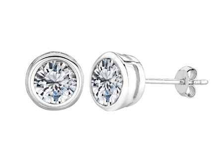 Sterling Silver Rhodium Finish Round Bezel Set Cubic Zirconia Stud Earring For Cheap