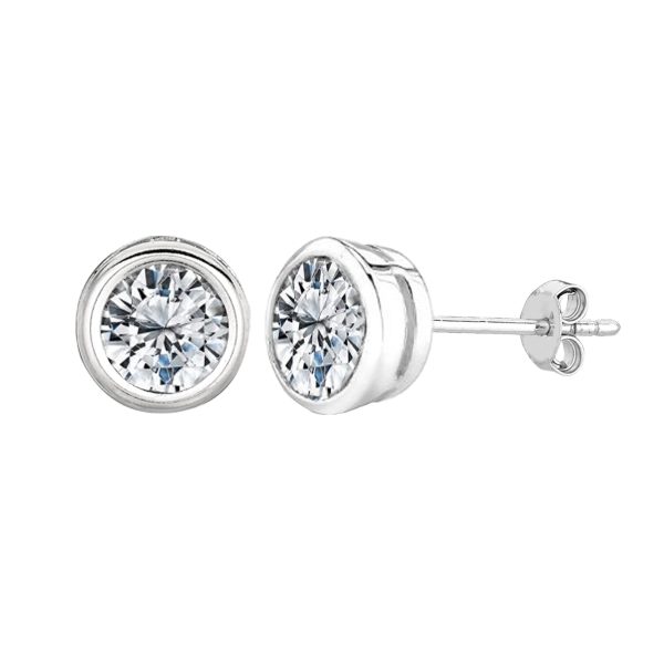 Sterling Silver Rhodium Finish Round Bezel Set Cubic Zirconia Stud Earring For Cheap