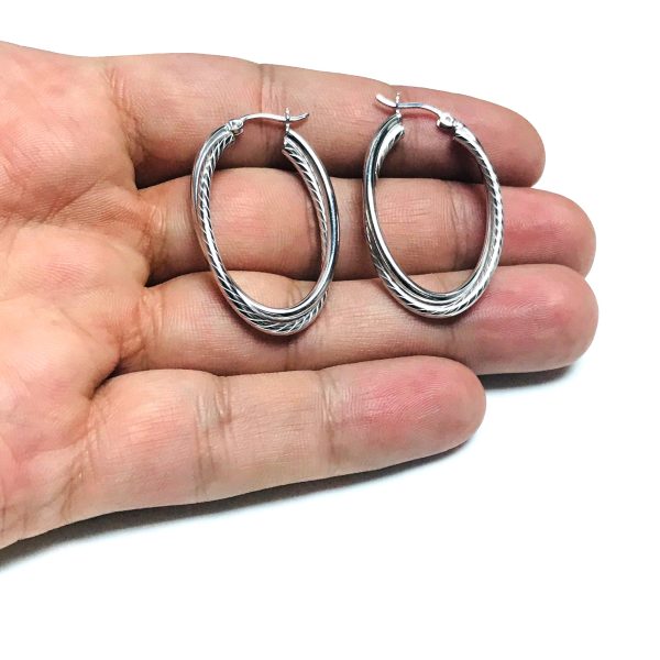 Sterling Silver Rhodium Plated Twisted Tube Oval Hoop Earrings, Diameter 35mm Cheap