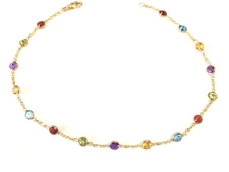 14k Yellow Gold Cable Chain Link Anklet And Alternate Round Faceted 5 Color Stones, 10  For Cheap