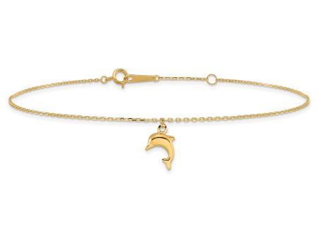 14k Yellow Gold Dolphin Charm 9 Inch to 10 Inch Summer Anklet For Cheap