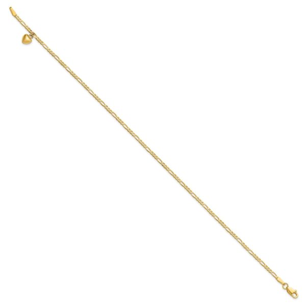 14K Real Solid Gold Figaro Link Chain Anklet with Dangling Heart Charm Online now