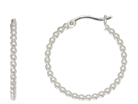 Sterling Silver Rhodium Plated Beaded Tube Round Hoop Earrings Online now