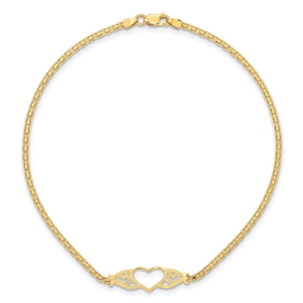 14k Real Yellow Gold High Polished Heart Charm Anklet, 10  on Sale