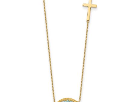 14K Yellow Gold CZ Evil Eye and Cross Pendant Adjustable Necklace, 18  to 20  Discount