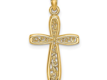 10k Real Yellow Gold Cross with Filigree Center Charm Pendant, 24x14mm on Sale