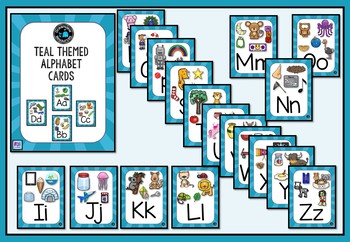 Teal themed Alphabet Posters with Pictures, Ideal for Bulletin Boards Supply