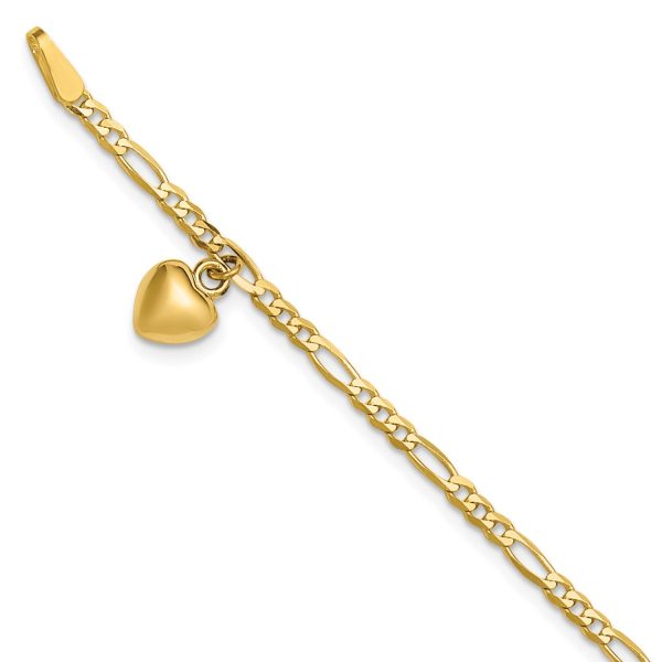 14K Real Solid Gold Figaro Link Chain Anklet with Dangling Heart Charm Online now