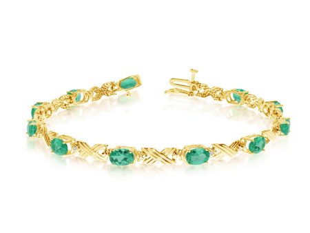 10K Yellow Gold Oval Emerald Stones And Diamonds Tennis Bracelet, 7  Cheap