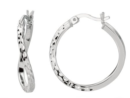 Sterling Silver Rhodium Finish Shiny Diamond Cut Finish Wavy Round Hoop Earrings Supply