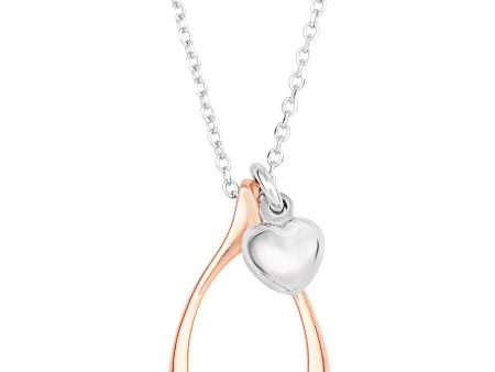 Sterling Silver Rose Finish Wishbone Puffy Heart Necklace, 18  For Sale