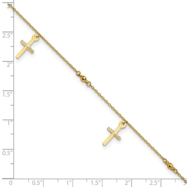 14k Real Yellow Gold High Polished and Diamond-cut Cross Anklet, 9  to 11  Adjustable For Cheap