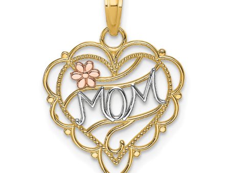 10K Two-Tone Real Solid Gold MOM Heart with Flower Charm Pendant Online