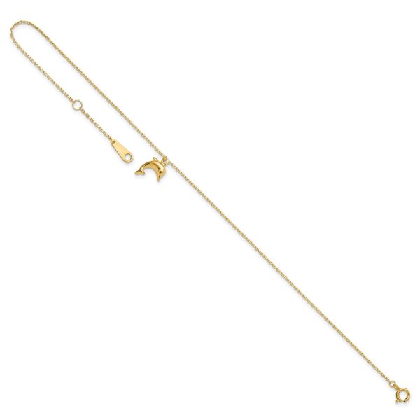 14k Yellow Gold Dolphin Charm 9 Inch to 10 Inch Summer Anklet For Cheap