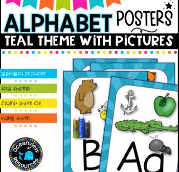 Teal themed Alphabet Posters with Pictures, Ideal for Bulletin Boards Supply