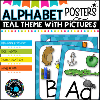 Teal themed Alphabet Posters with Pictures, Ideal for Bulletin Boards Supply