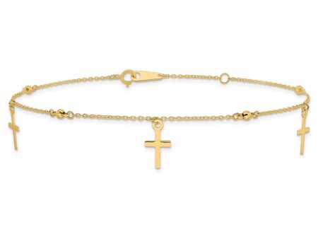 14k Real Yellow Gold High Polished and Diamond-cut Cross Anklet, 9  to 11  Adjustable For Cheap