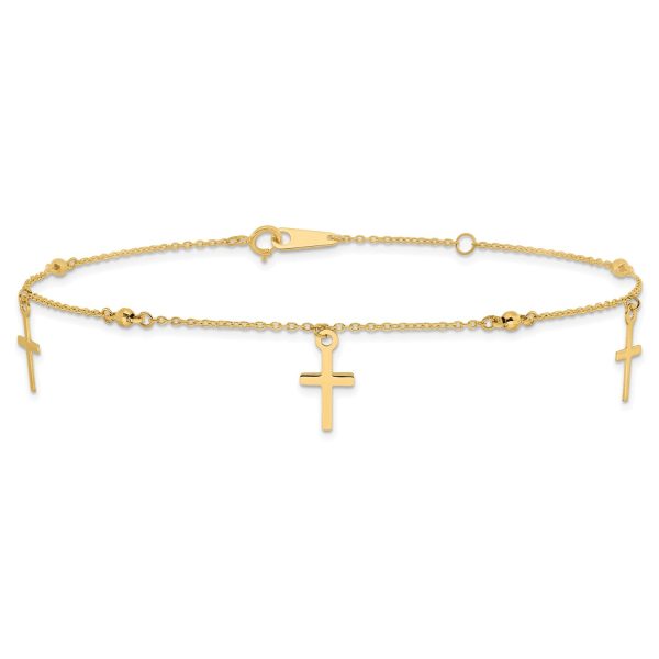 14k Real Yellow Gold High Polished and Diamond-cut Cross Anklet, 9  to 11  Adjustable For Cheap