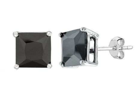 Sterling Silver Rhodium Finish Princess Cut Black Cubic Zirconia Stud Earring For Sale