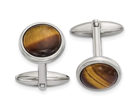 Chisel Stainless Steel Polished Tiger s Eye Circle Cufflinks Sale