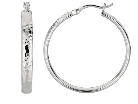 Sterling Silver Rhodium Finish Hammered Finish Hoop Earrings on Sale