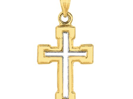 14k 2 Tone Gold Shiny Finish Square Tube Cross Pendant Discount