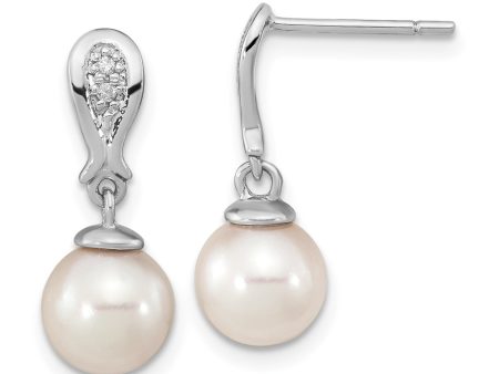 14K White Gold 7-8mm Round White Pearl .03ct Diamond Dangle Earrings Sale