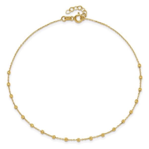 14k Real Yellow Gold High Polished Diamond-cut Beaded Charm 9 to 9.75 Inch Adjustable  Anklet Online now