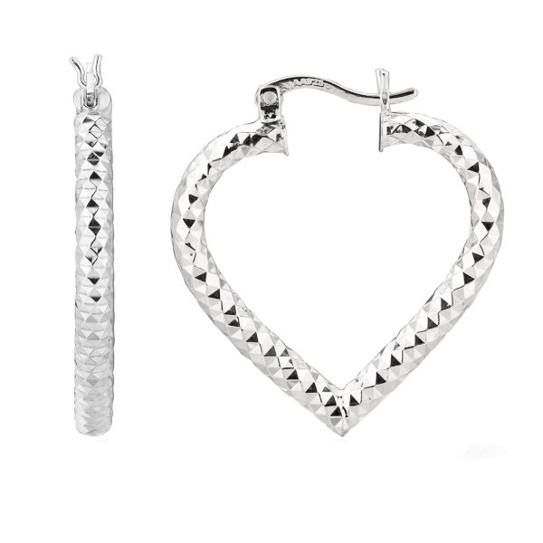 Sterling Silver Rhodium Plated  Heart Shape Hoop Earrings, Diameter 25mm Fashion